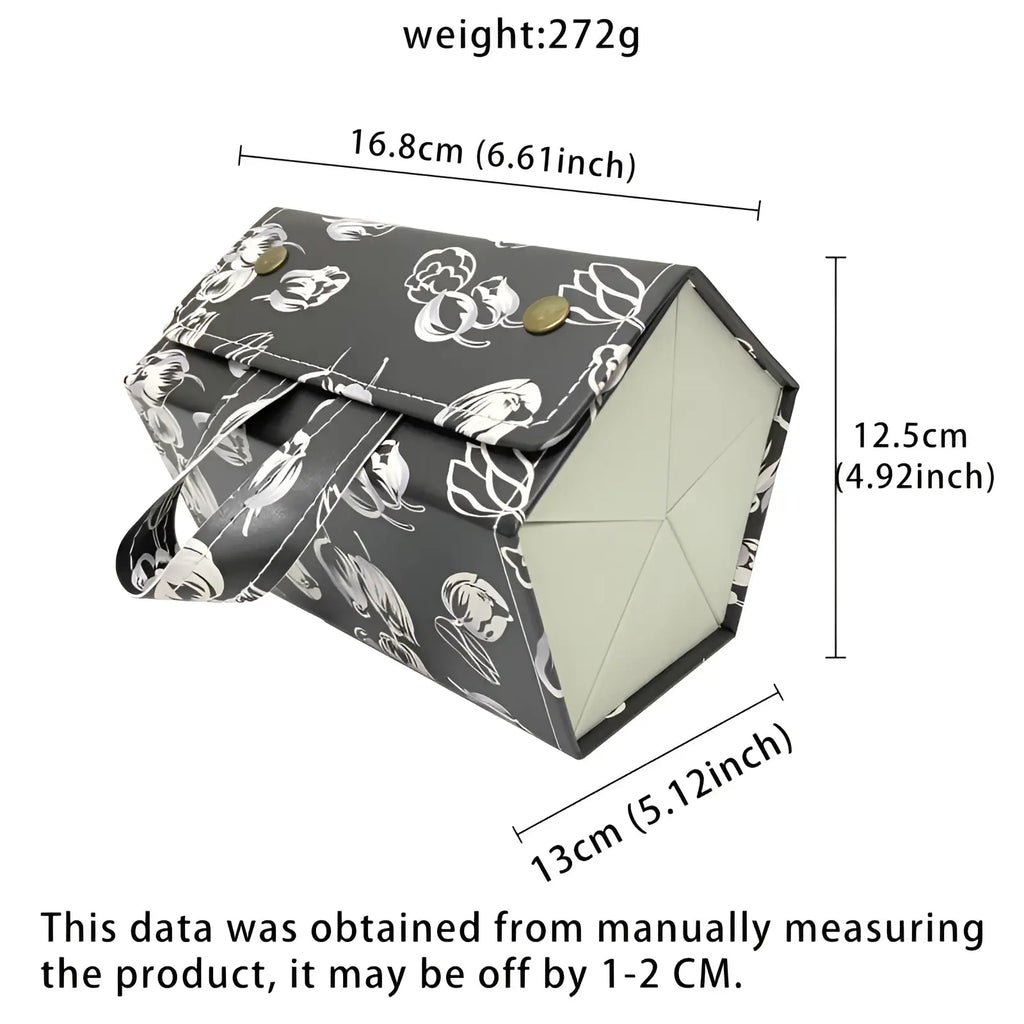 Black and white floral-patterned rectangular eyeglass case with gold-tone clasps for 5-slot folding sunglasses travel organizer