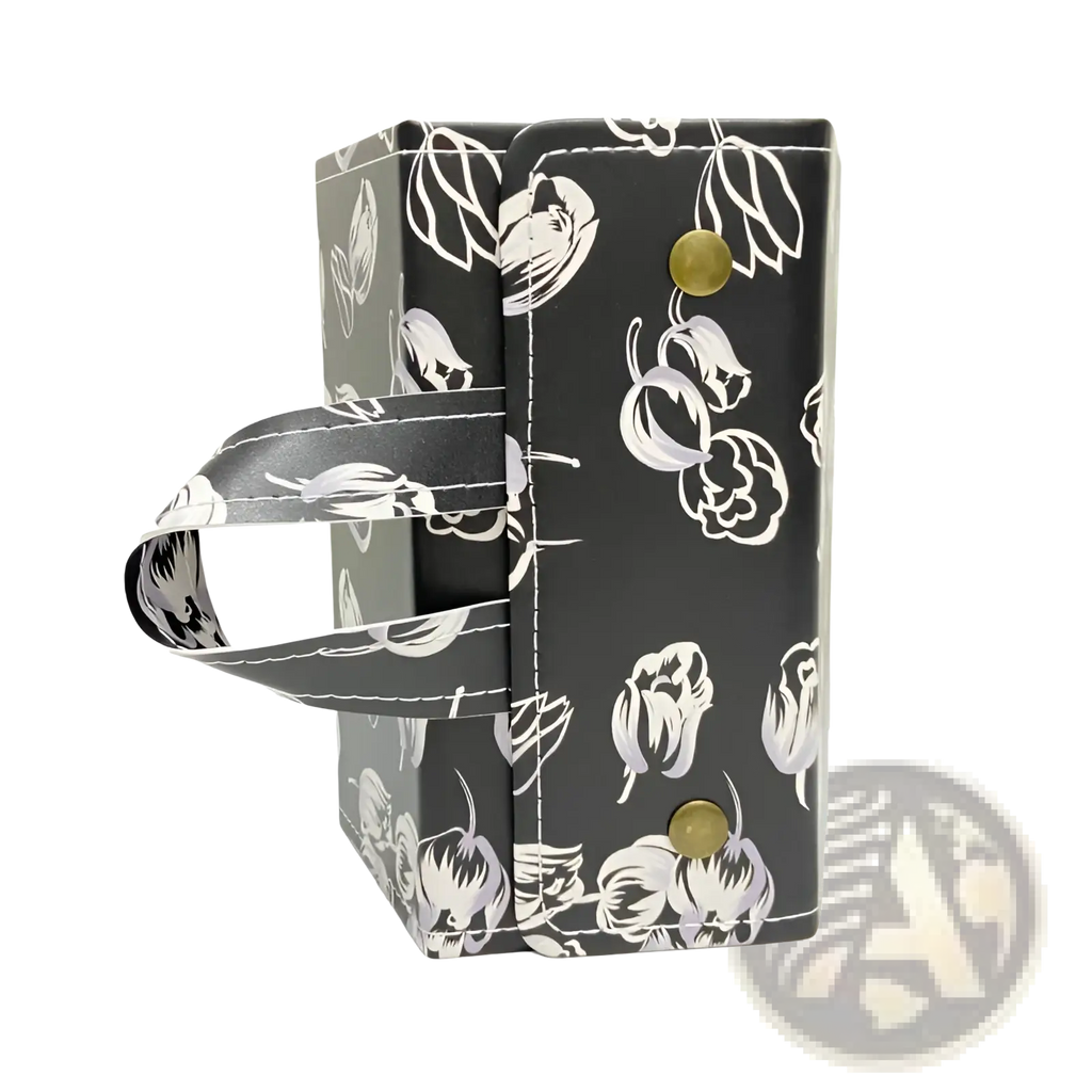 Black rectangular 5-slot folding sunglasses travel case with white floral pattern gold-tone snap buttons and printed handle