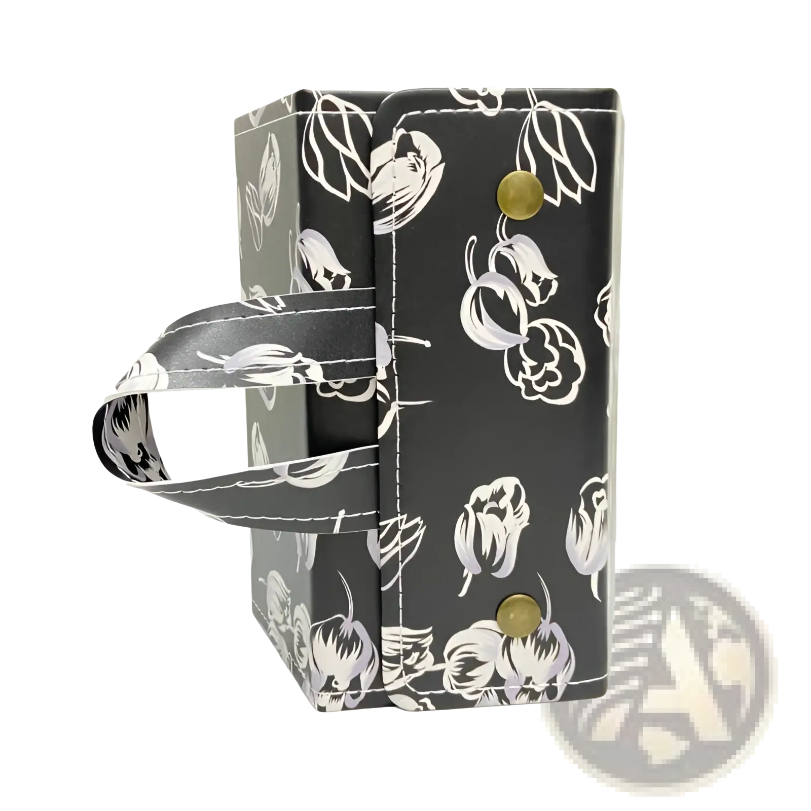Black rectangular 5-slot folding sunglasses travel case with white floral pattern gold-tone snap buttons and printed handle
