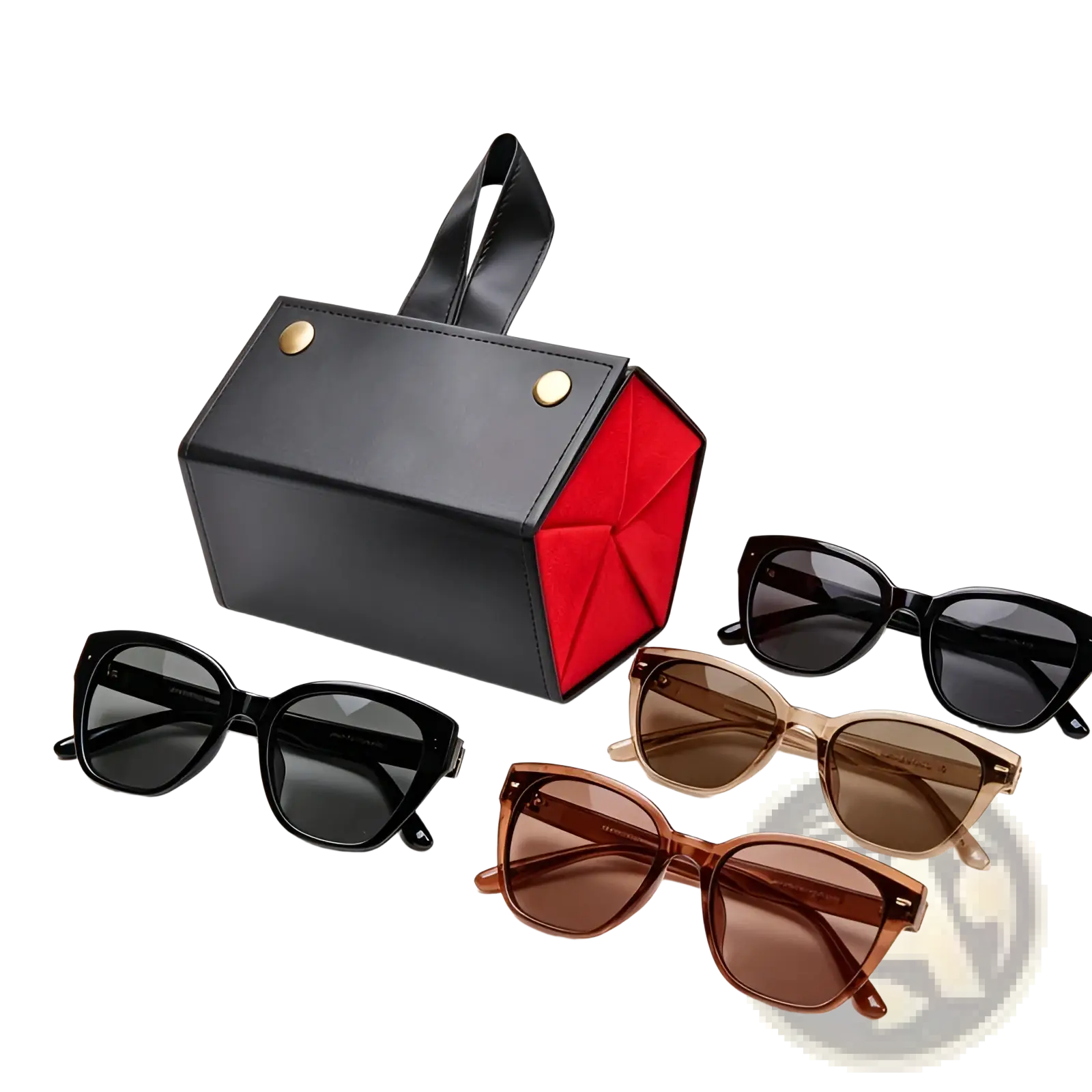 Black and red geometric 5-slot folding sunglasses travel case with gold-tone hardware and hanging organizer