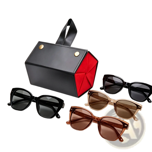 Black and red geometric 5-slot folding sunglasses travel case with gold-tone hardware and hanging organizer