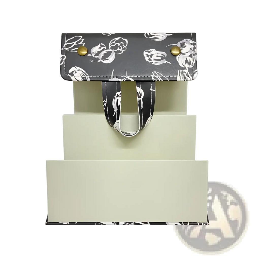 Black floral-patterned 5-slot folding sunglasses travel case with gold-tone hardware and matching ribbon handle