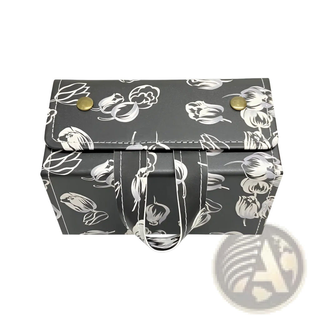 Black rectangular 5-slot folding sunglasses travel case with white tulip pattern and gold-tone snap buttons