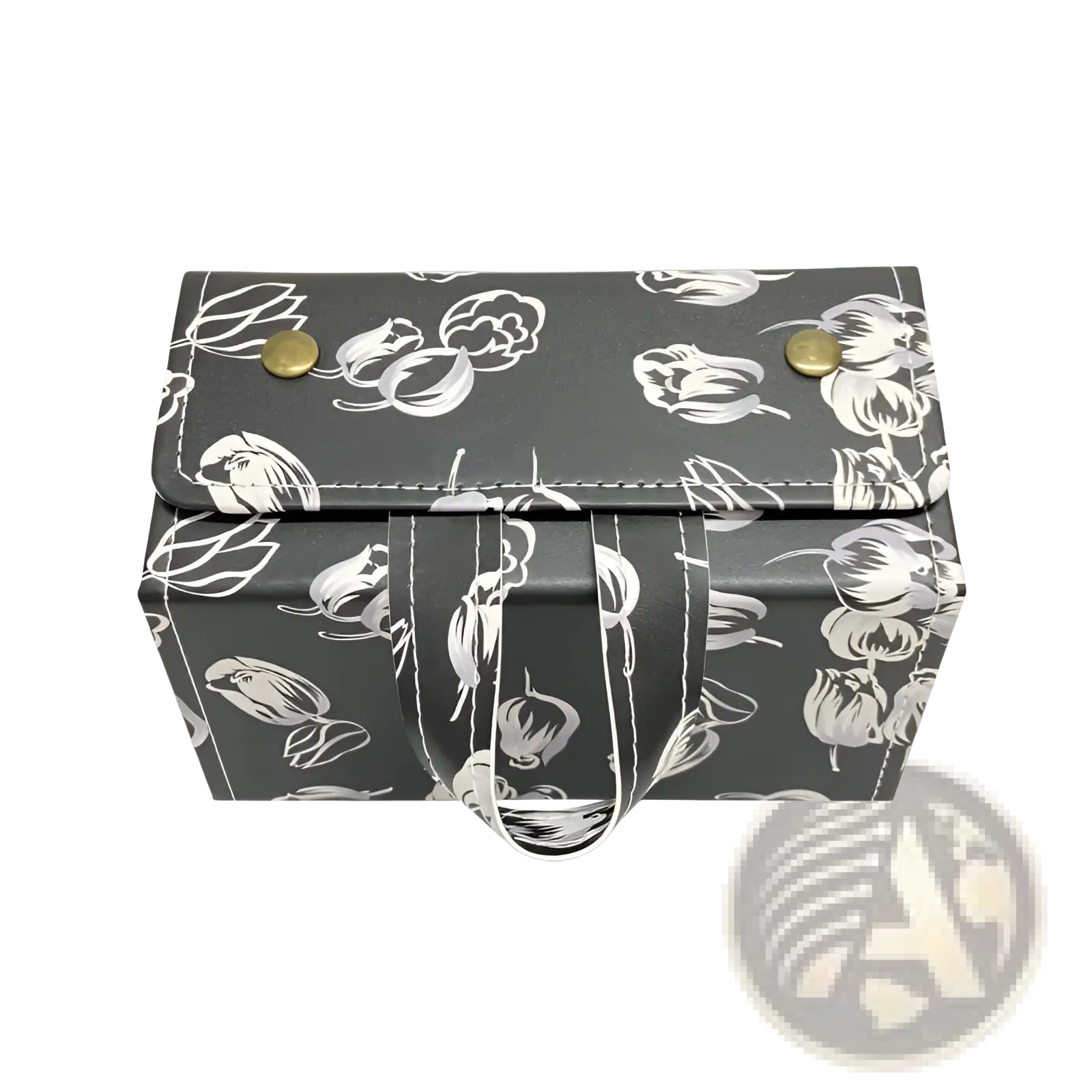 Black rectangular 5-slot folding sunglasses travel case with white tulip pattern and gold-tone snap buttons