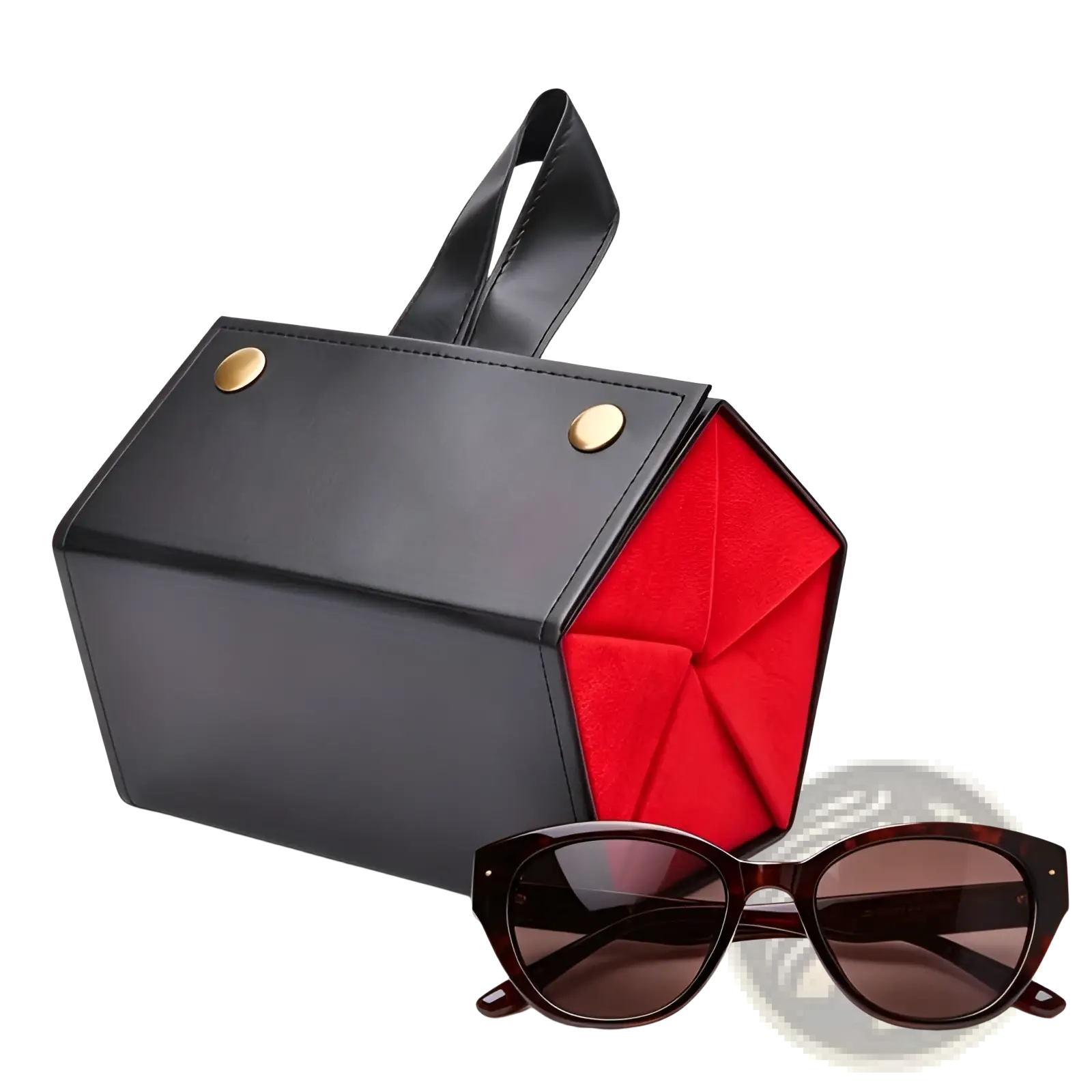 Black hexagonal 5-slot folding sunglasses travel case with gold-tone hardware and vibrant red interior lining