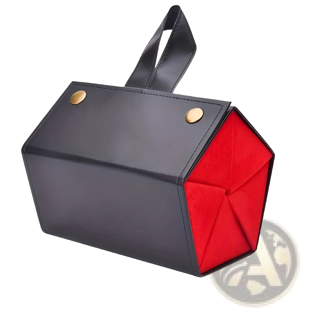 Black leatherette hexagonal 5-slot foldable sunglasses travel organizer case with gold hardware and red velvet interior