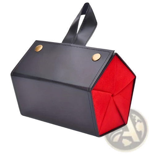 Black leatherette hexagonal 5-slot foldable sunglasses travel organizer case with gold hardware and red velvet interior