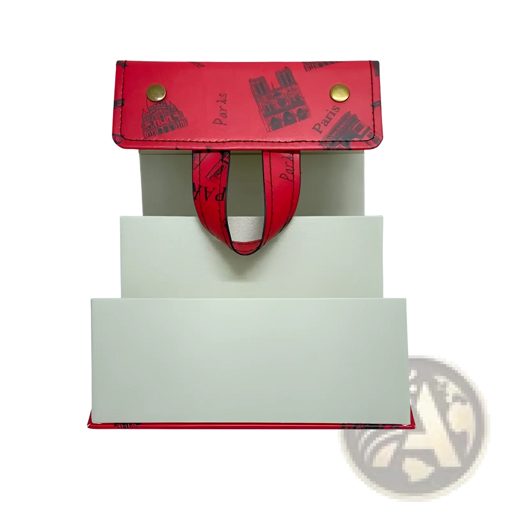 Red paris-themed leatherette 5-slot hexagonal foldable sunglasses travel organizer case with gold-tone hardware and handle