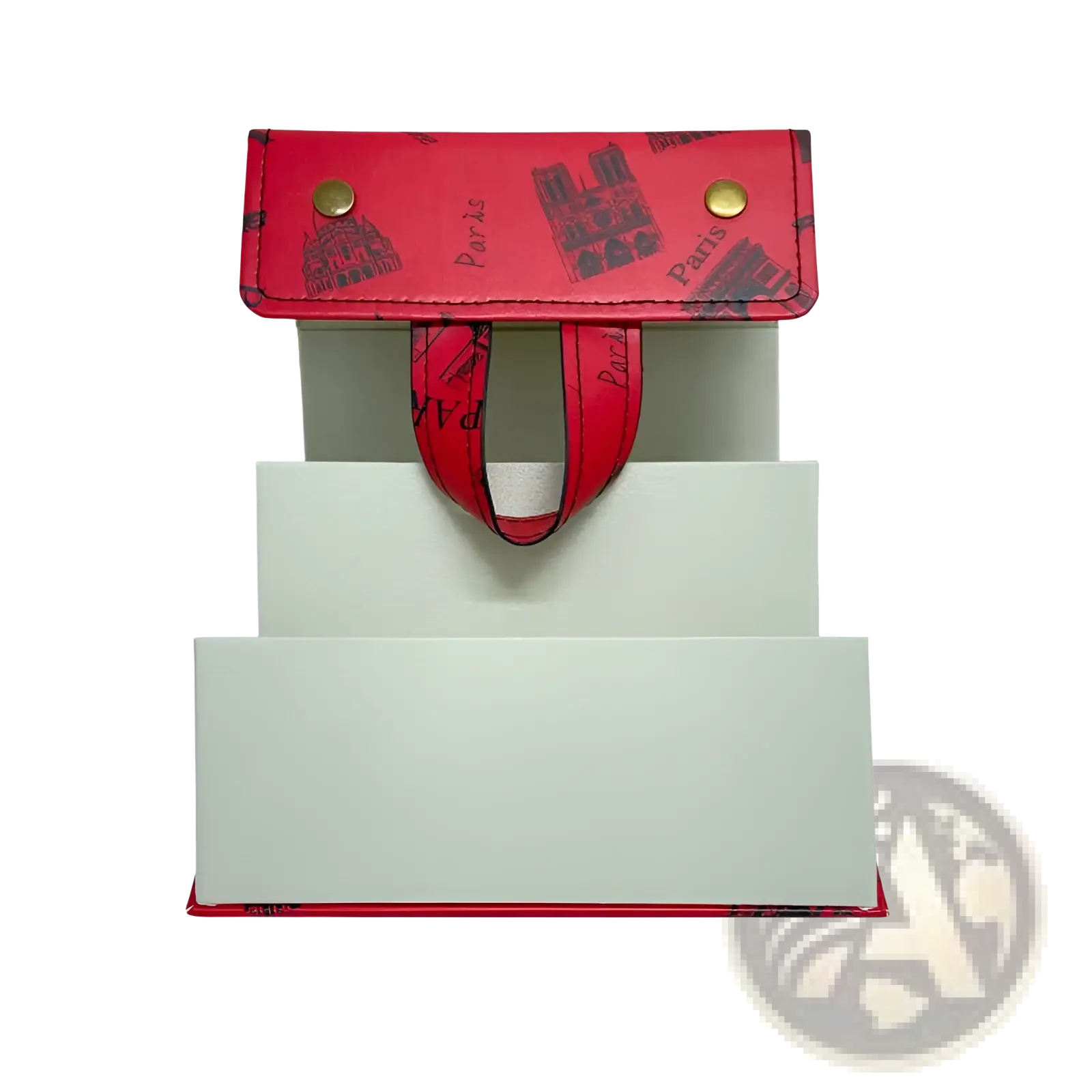 Red paris-themed leatherette 5-slot hexagonal foldable sunglasses travel organizer case with gold-tone hardware and handle