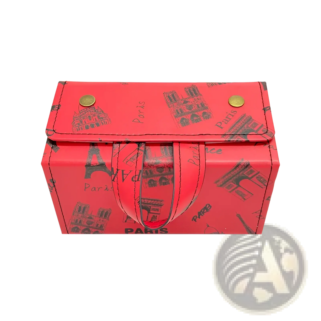 Red paris-themed 5-slot hexagonal foldable sunglasses travel organizer case with black printed landmarks and gold-tone hardware