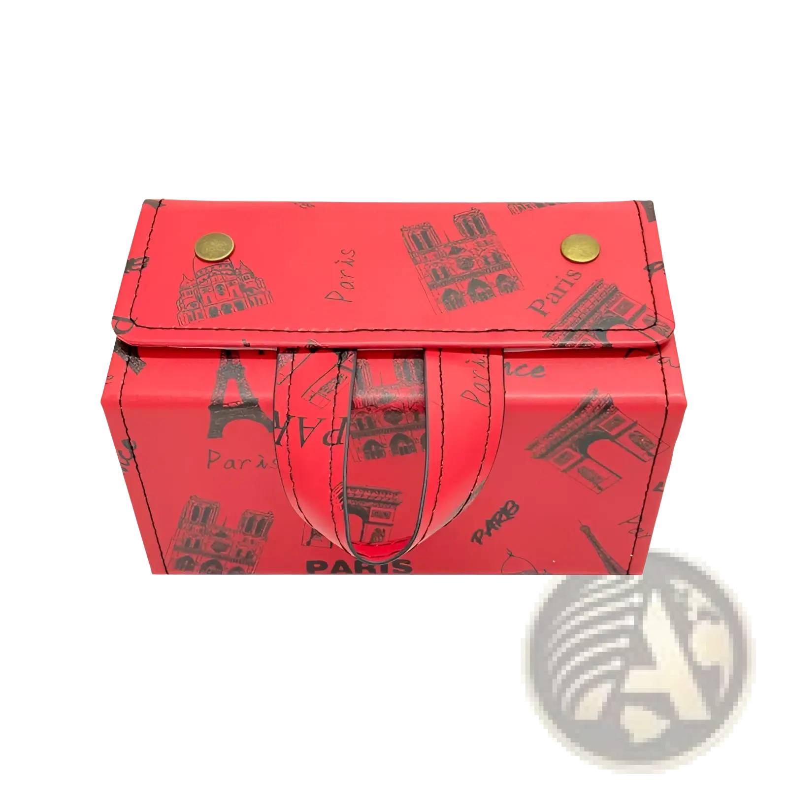 Red paris-themed 5-slot hexagonal foldable sunglasses travel organizer case with black printed landmarks and gold-tone hardware