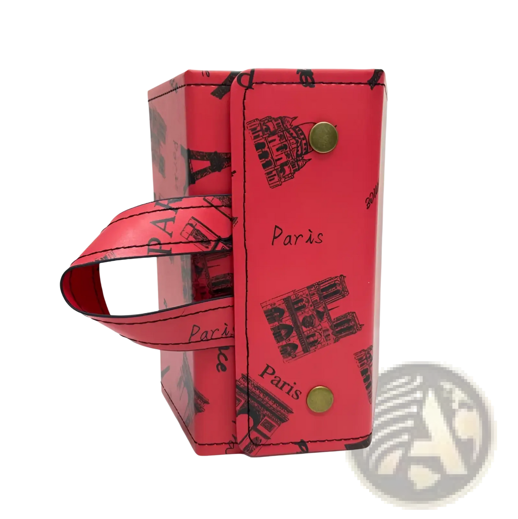 Red paris-themed hexagonal foldable sunglasses travel organizer case with black ink landmark illustrations and brass snap buttons