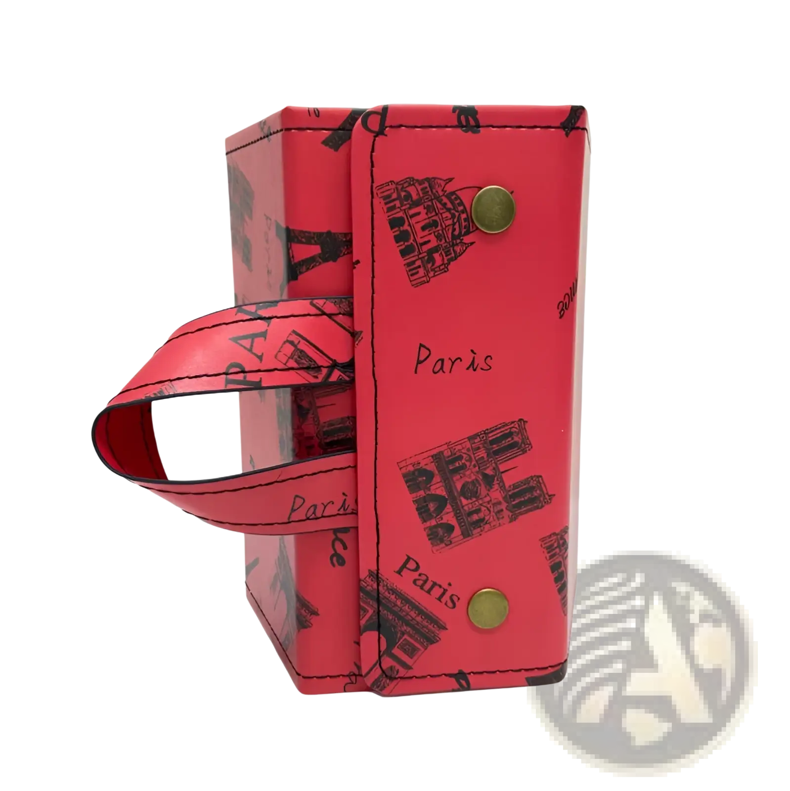Red paris-themed hexagonal foldable sunglasses travel organizer case with black ink landmark illustrations and brass snap buttons