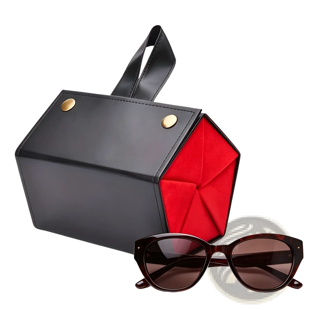 Black hexagonal foldable sunglasses travel organizer case with gold-tone hardware and vibrant red interior lining