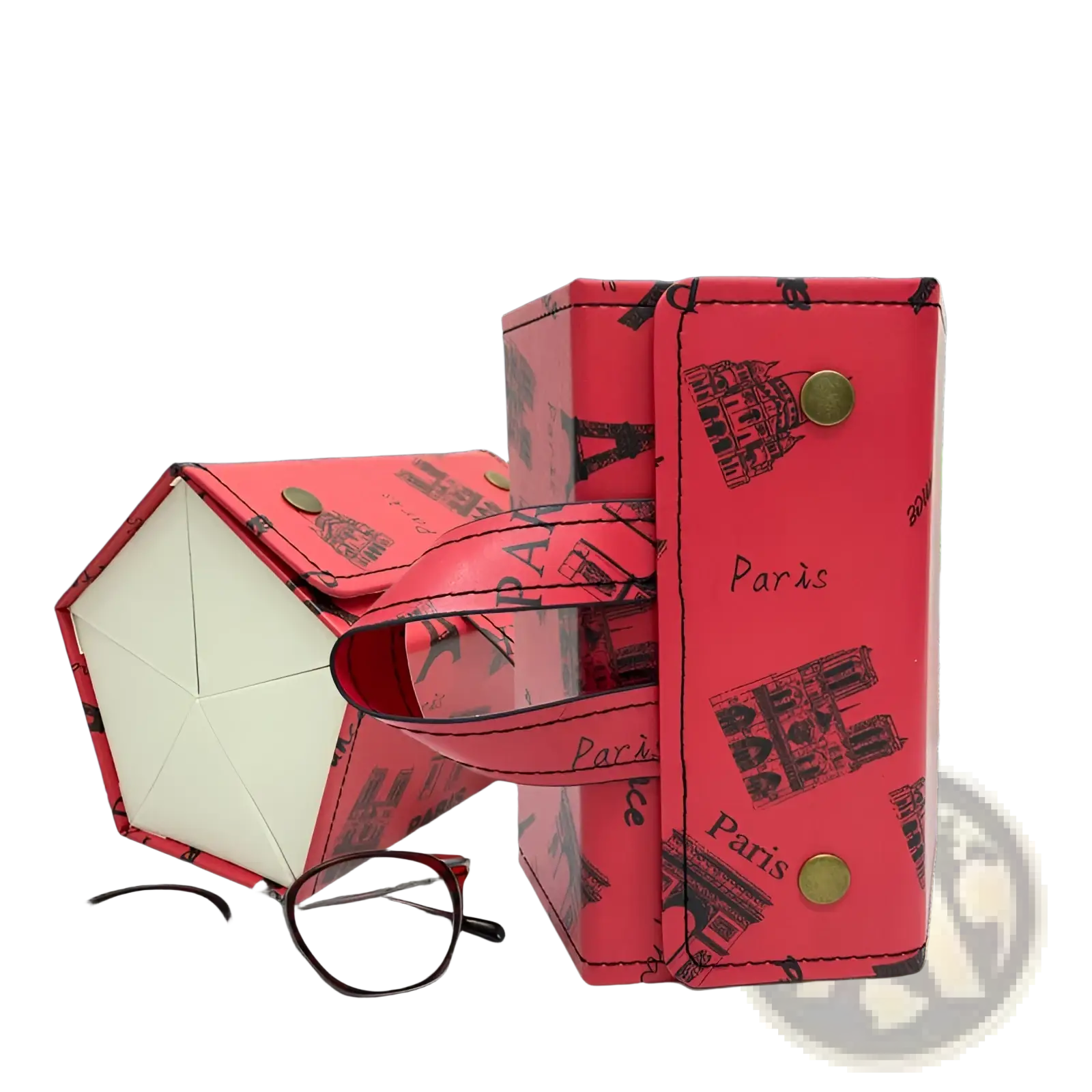 Red paris-themed 5-slot hexagonal foldable sunglasses travel organizer case with black ink landmark illustrations and gold-tone snap buttons