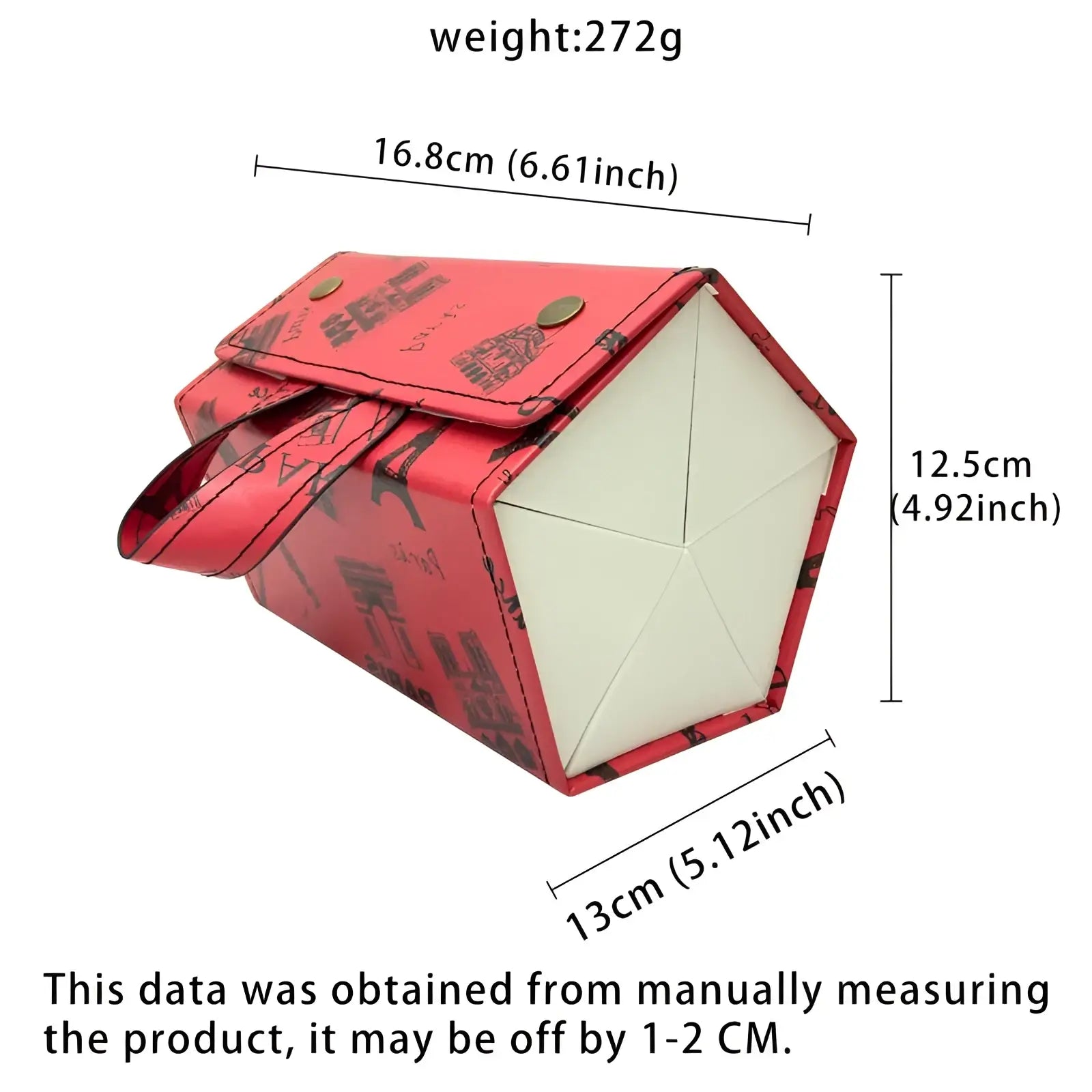 Red hexagonal foldable sunglasses travel organizer case with black parisian landmark prints and gold-tone hardware