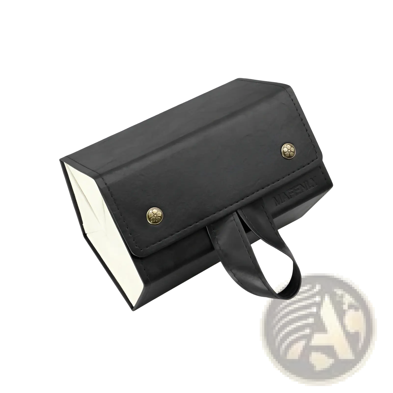 Black leather 5-slot hexagonal foldable sunglasses travel organizer case with gold-tone button closures and matching handle