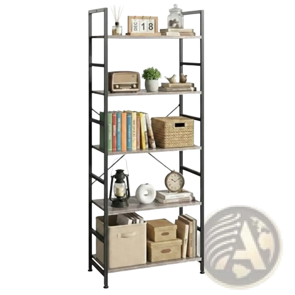5 tier industrial bookshelf with black metal frame and light gray wood-tone shelves for stylish storage