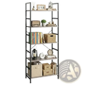 5 tier industrial bookshelf with black metal frame and light gray wood-tone shelves for stylish storage
