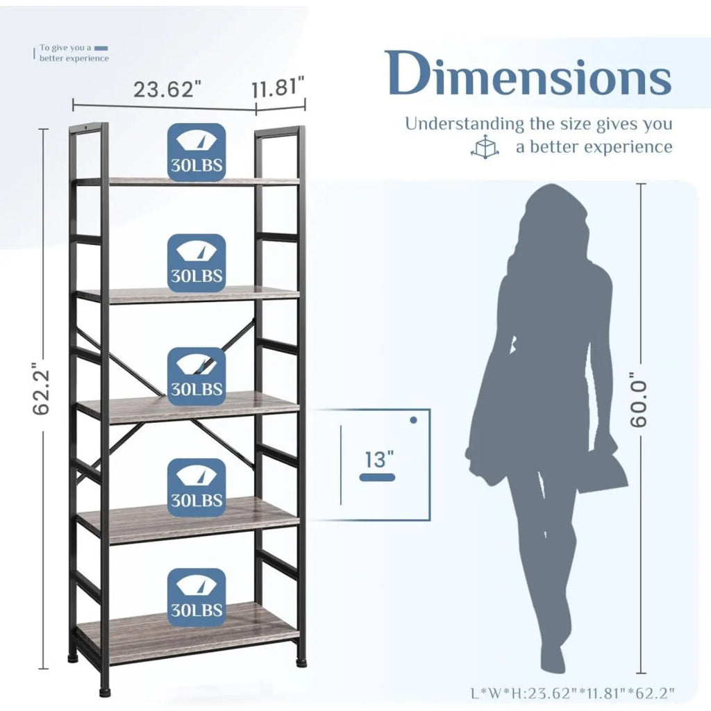 5 tier industrial bookshelf with black metal frame and five wooden shelves each rated for 30 lbs 62 inch tall
