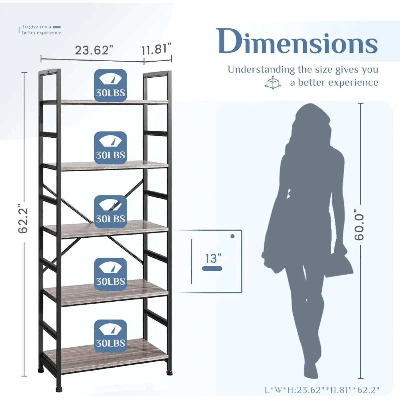 5 tier industrial bookshelf with black metal frame and five wooden shelves each rated for 30 lbs 62 inch tall