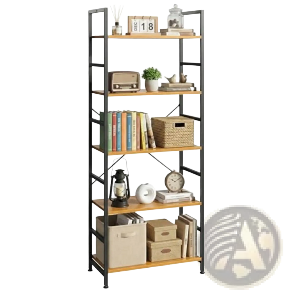 5 tier industrial bookshelf with black metal frame and light wood shelves featuring five storage tiers