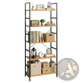 5 tier industrial bookshelf with black metal frame and light wood shelves featuring five storage tiers