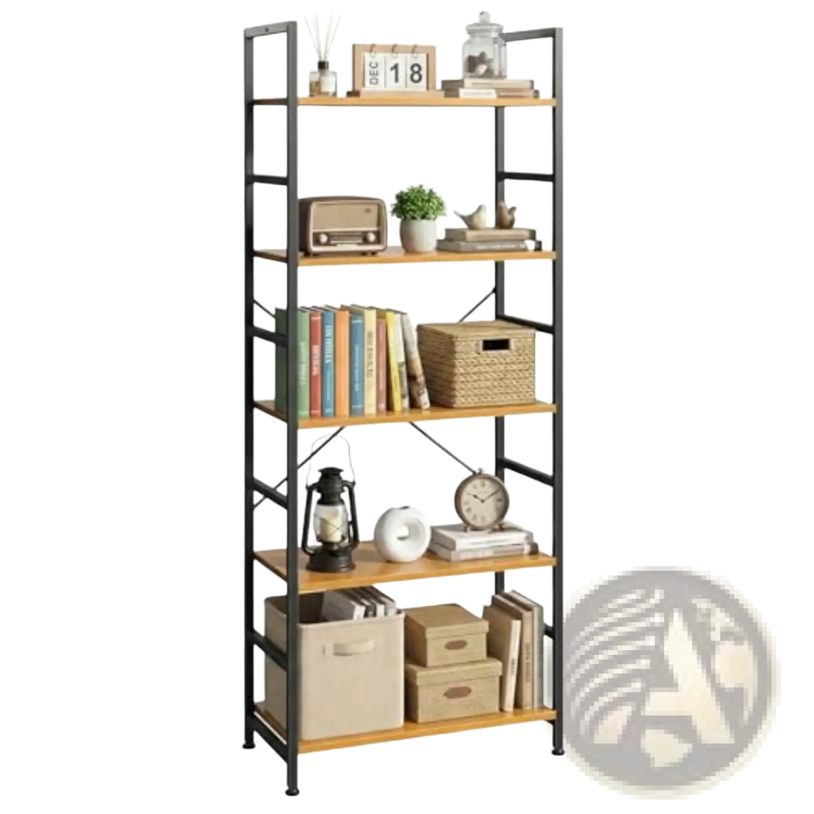 5 tier industrial bookshelf with black metal frame and light wood shelves featuring five storage tiers