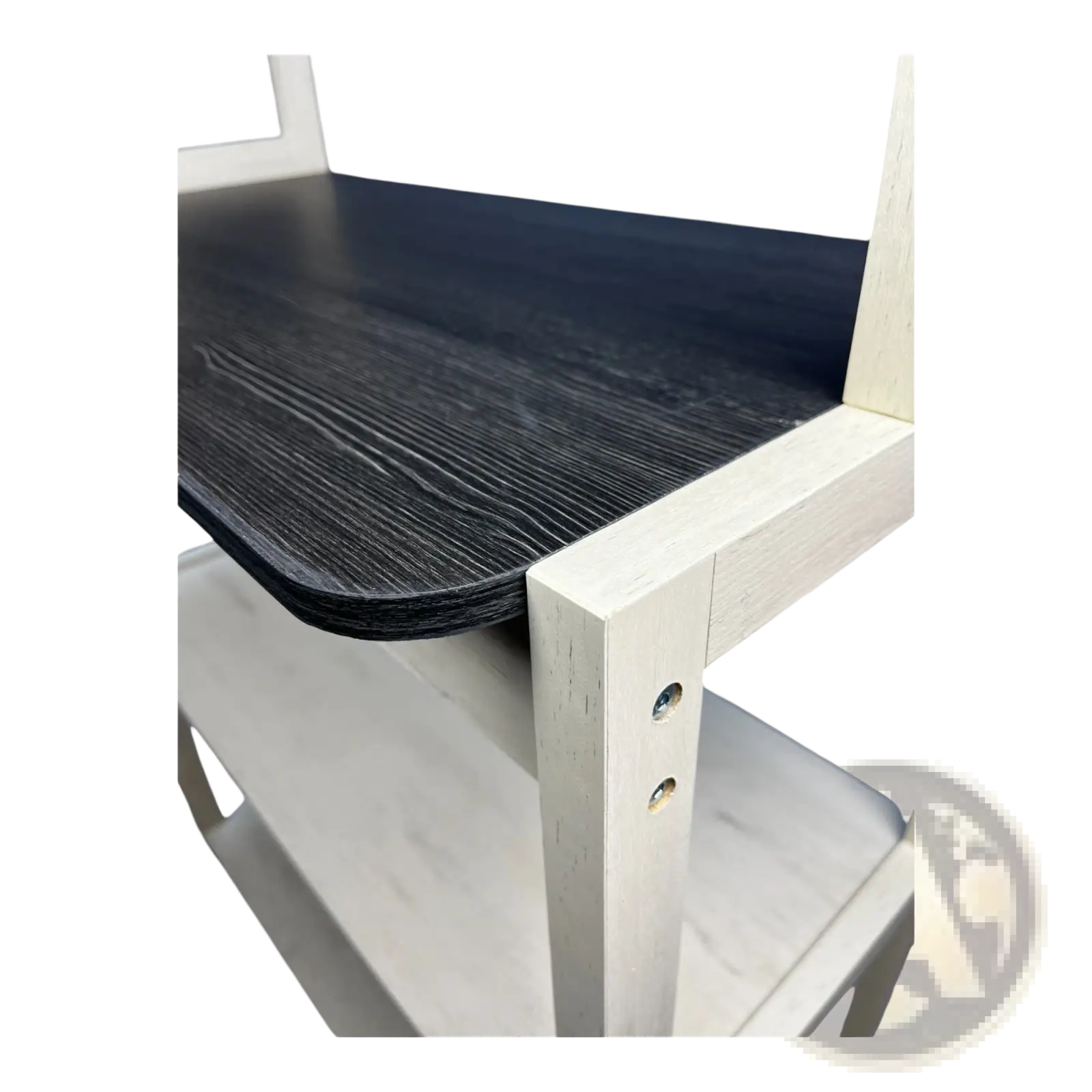 A modern two-tiered kitchen baker’s rack microwave stand with dark wood-grain top and light painted legs in white and black
