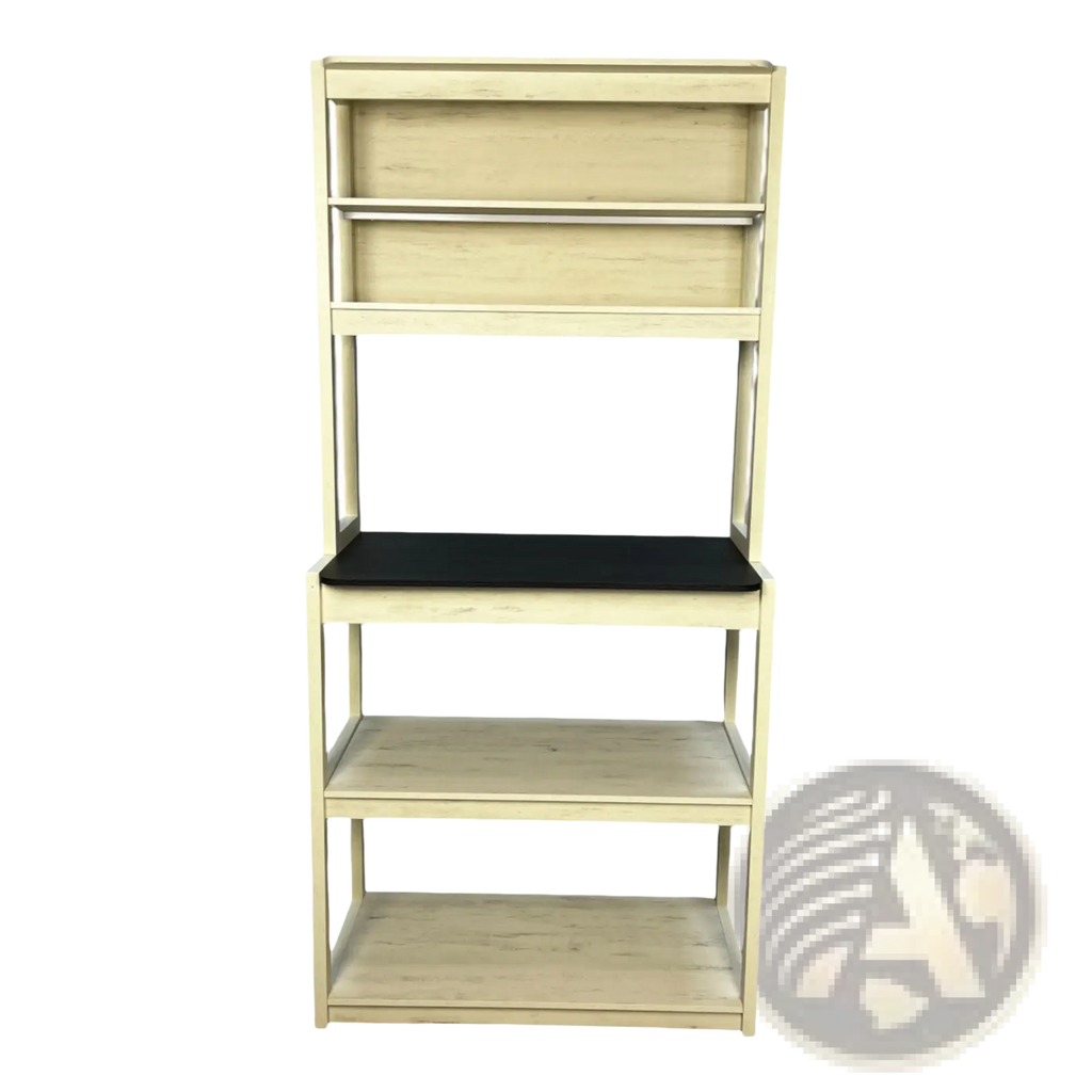 5-tier kitchen bakers rack microwave stand in white and black with light wood finish and integrated black cushioned seat