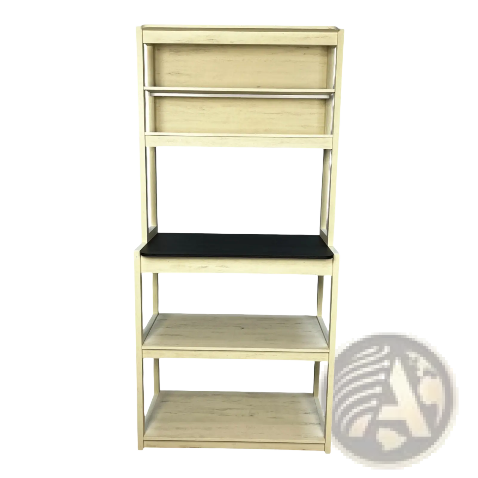 5-tier kitchen bakers rack microwave stand in white and black with light wood finish and integrated black cushioned seat