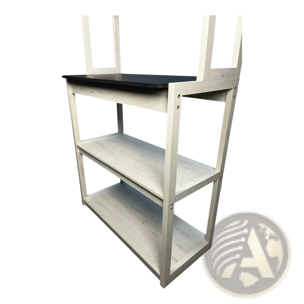 A three-tiered kitchen baker’s rack microwave stand with black top and light gray wooden shelves and vertical support panels