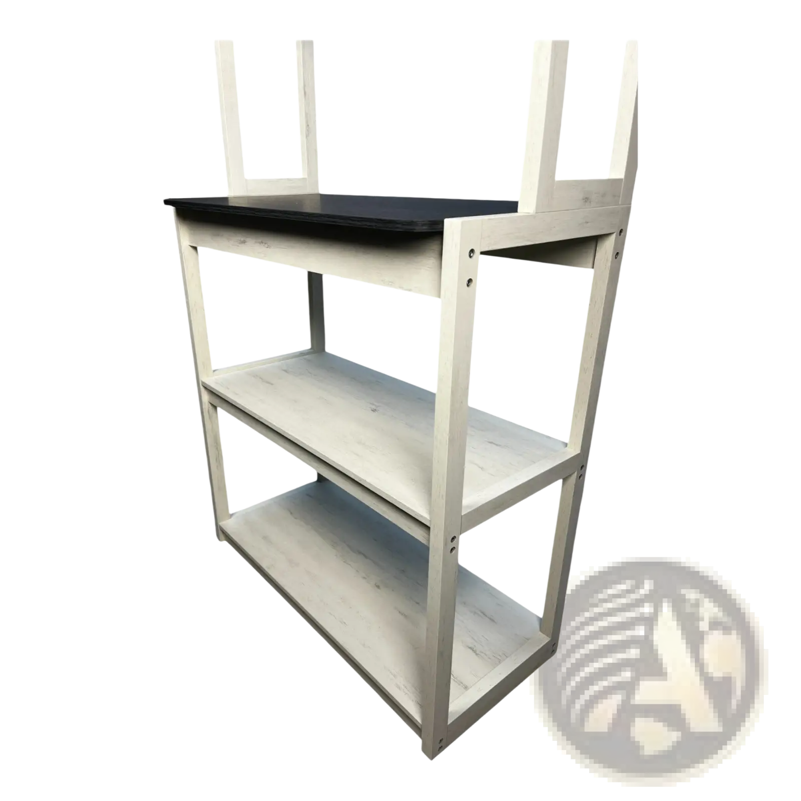 A three-tiered kitchen baker’s rack microwave stand with black top and light gray wooden shelves and vertical support panels