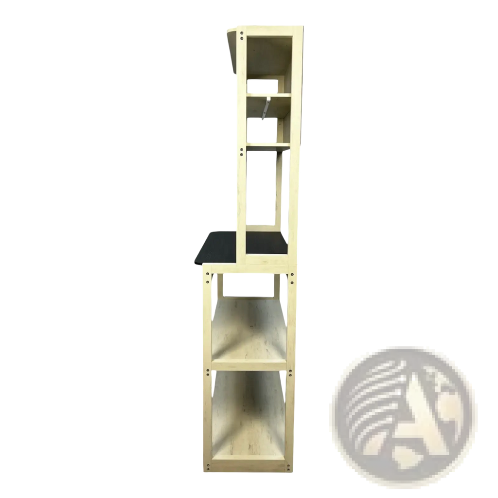 Light wood finished 5-tier kitchen baker’s rack microwave stand with black seat pad in white and black colors