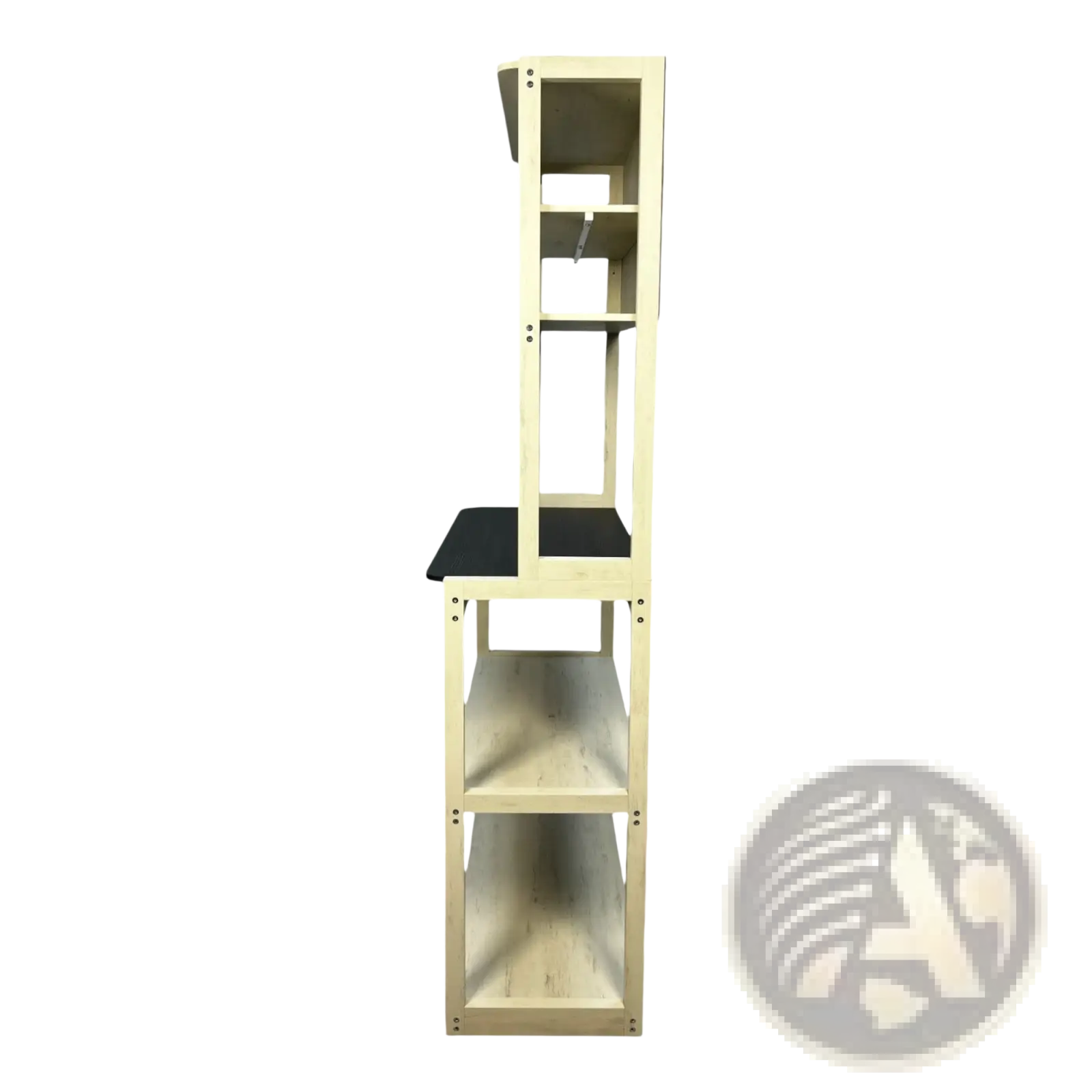 Light wood finished 5-tier kitchen baker’s rack microwave stand with black seat pad in white and black colors