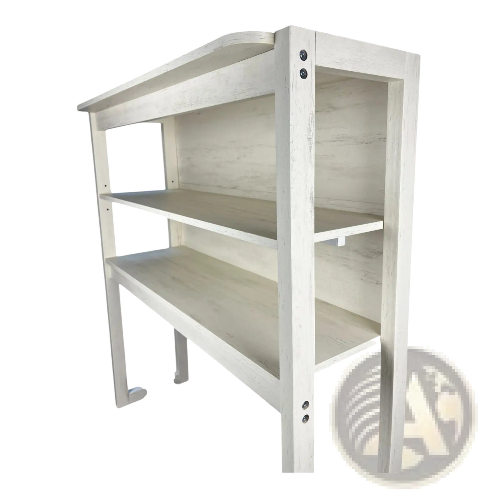 White distressed wood shelving unit with three open shelves and curved top for kitchen baker rack microwave stand