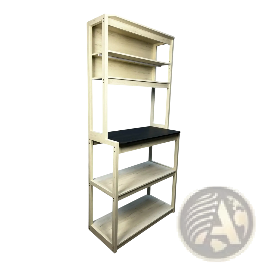 5-tier kitchen bakers rack microwave stand with light-colored wooden shelves and black countertop in white and black