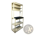 5-tier kitchen bakers rack microwave stand with light-colored wooden shelves and black countertop in white and black