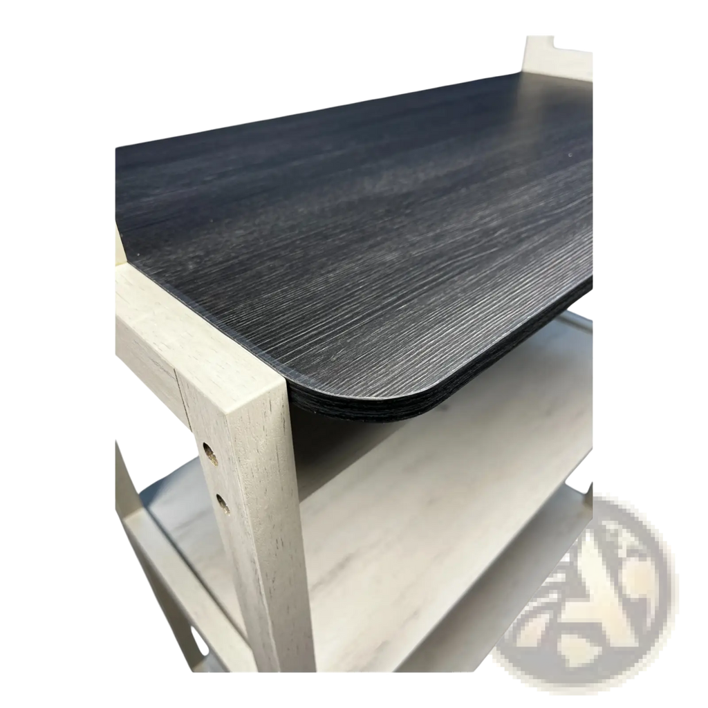 5-tier kitchen baker s rack microwave stand with black wood-grain laminate tabletop and light wooden frame in white