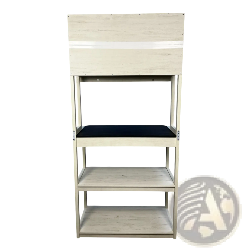 A modern 5-tier kitchen baker’s rack microwave stand in white with light wood shelves and a black cushioned seat