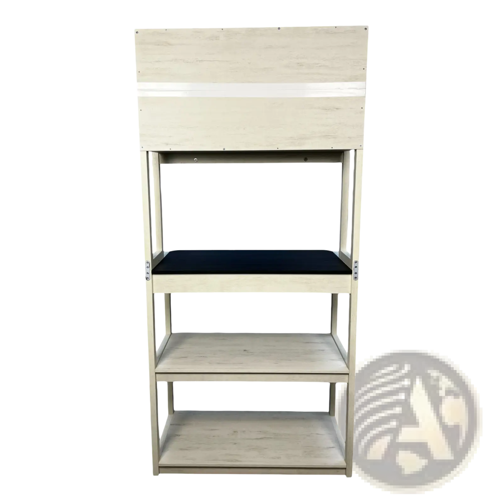 A modern 5-tier kitchen baker’s rack microwave stand in white with light wood shelves and a black cushioned seat