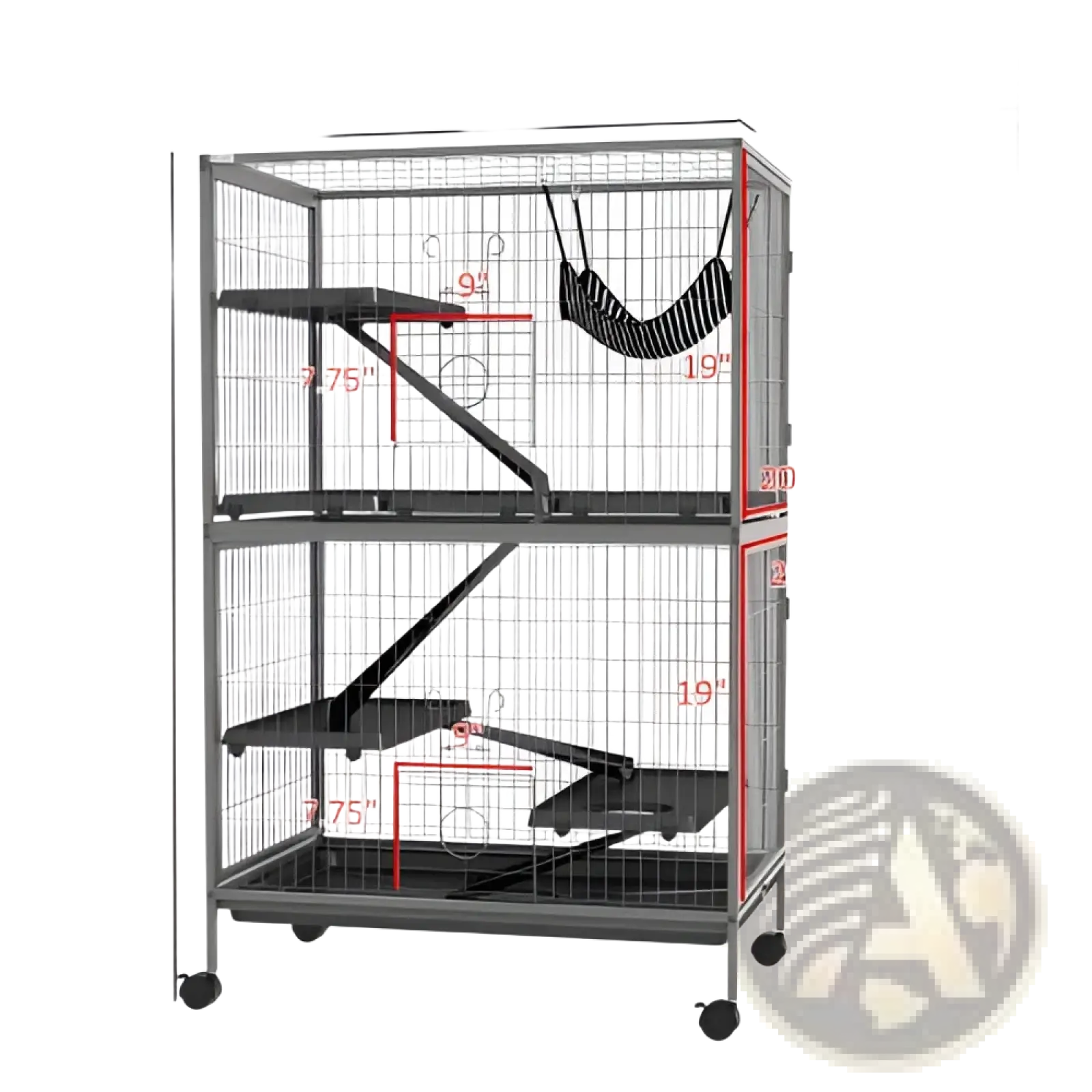 Black metal two-level pet cage with wheels and a hanging hammock for small animals and ferrets