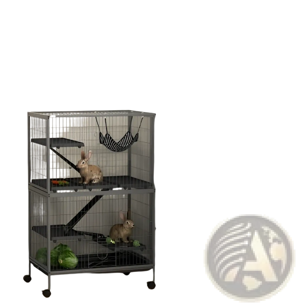 Black metal two-tier small animal ferret cage with wheels and hanging hammock for pets