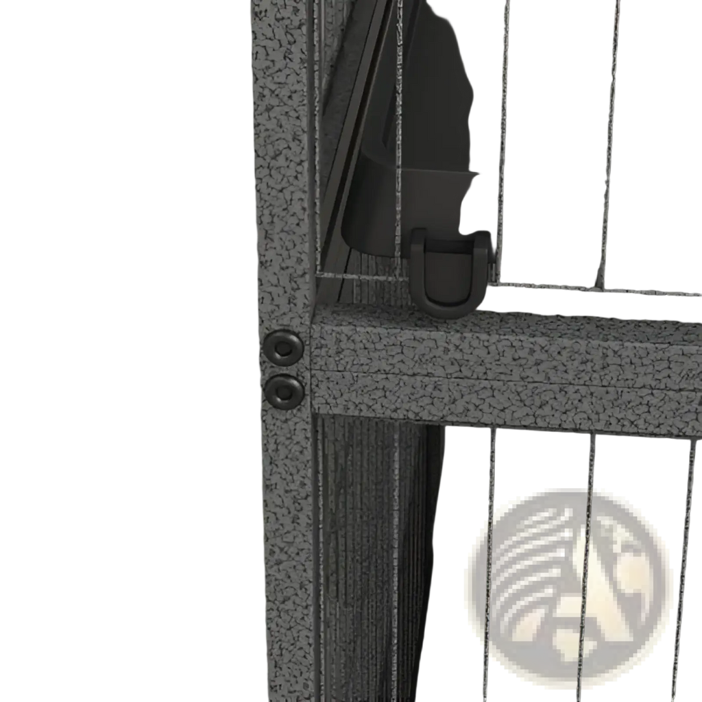 Gray speckled metal 5 tier small animal ferret cage with vertical bars and black latch for secure closure