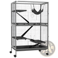 Gray metal 5 tier small animal ferret cage with black plastic platforms and hanging hammock for pets