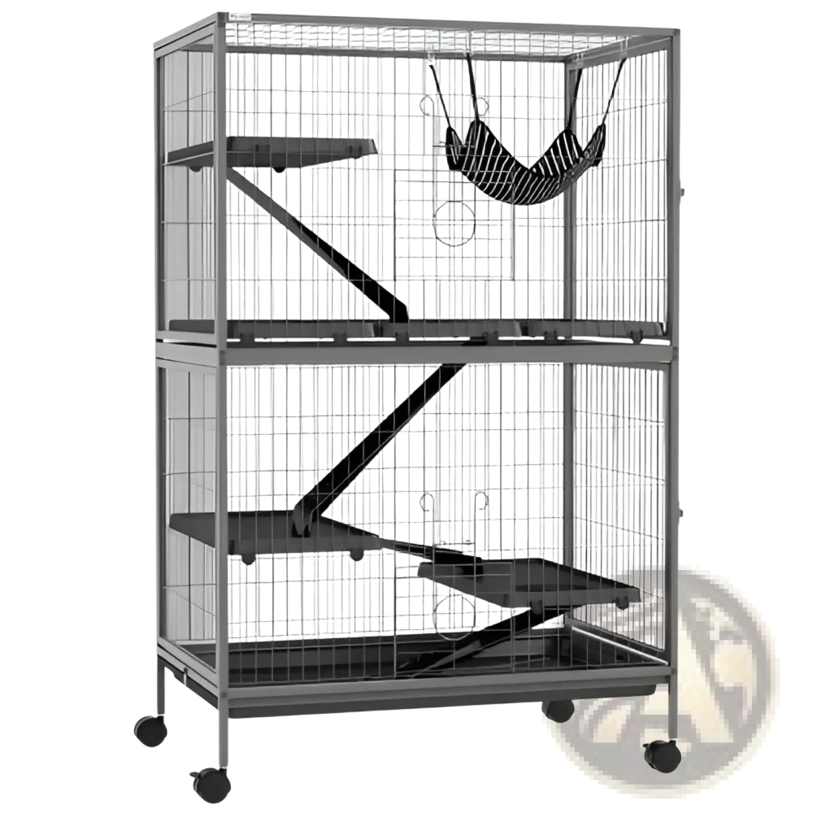 Gray metal 5 tier small animal ferret cage with black plastic platforms and hanging hammock for pets