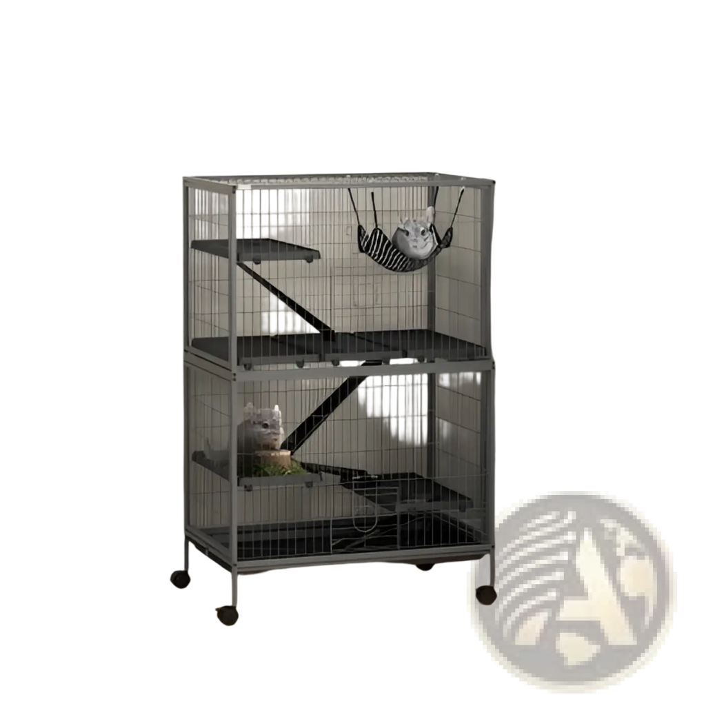 Gray metal 5 tier small animal ferret cage with black platforms and wheels featuring a hammock for pets
