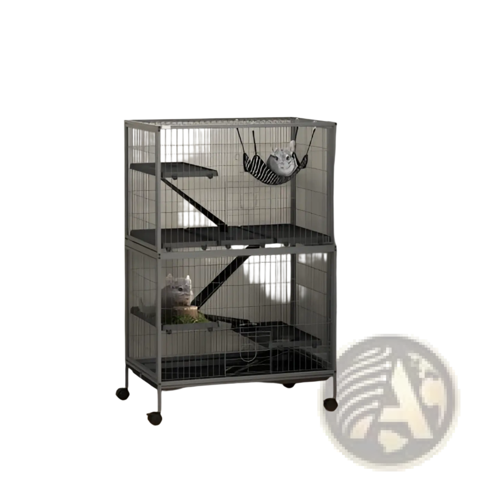 Gray metal 5 tier small animal ferret cage with black platforms and wheels featuring a hammock for pets