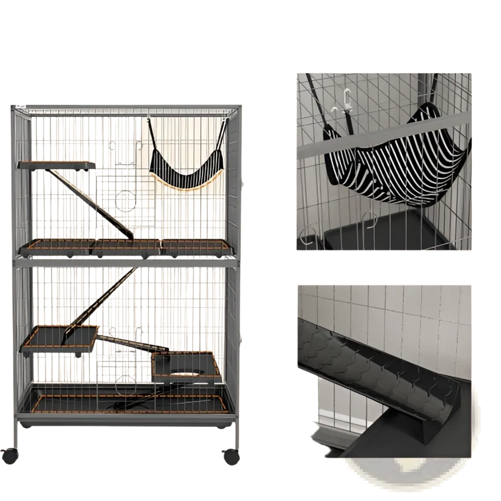 Multi-tiered gray metal 5 tier small animal ferret cage with black and white striped hammock and black ramps