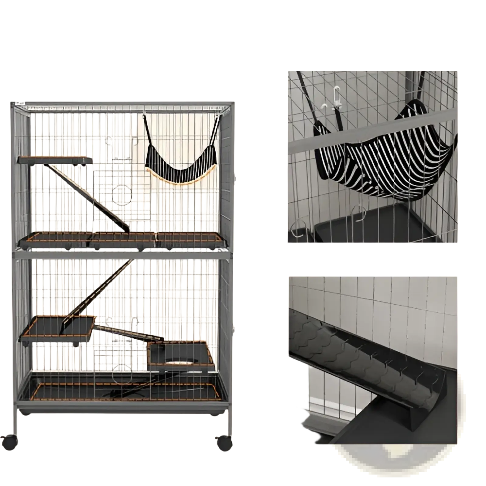 Multi-tiered gray metal 5 tier small animal ferret cage with black and white striped hammock and black ramps